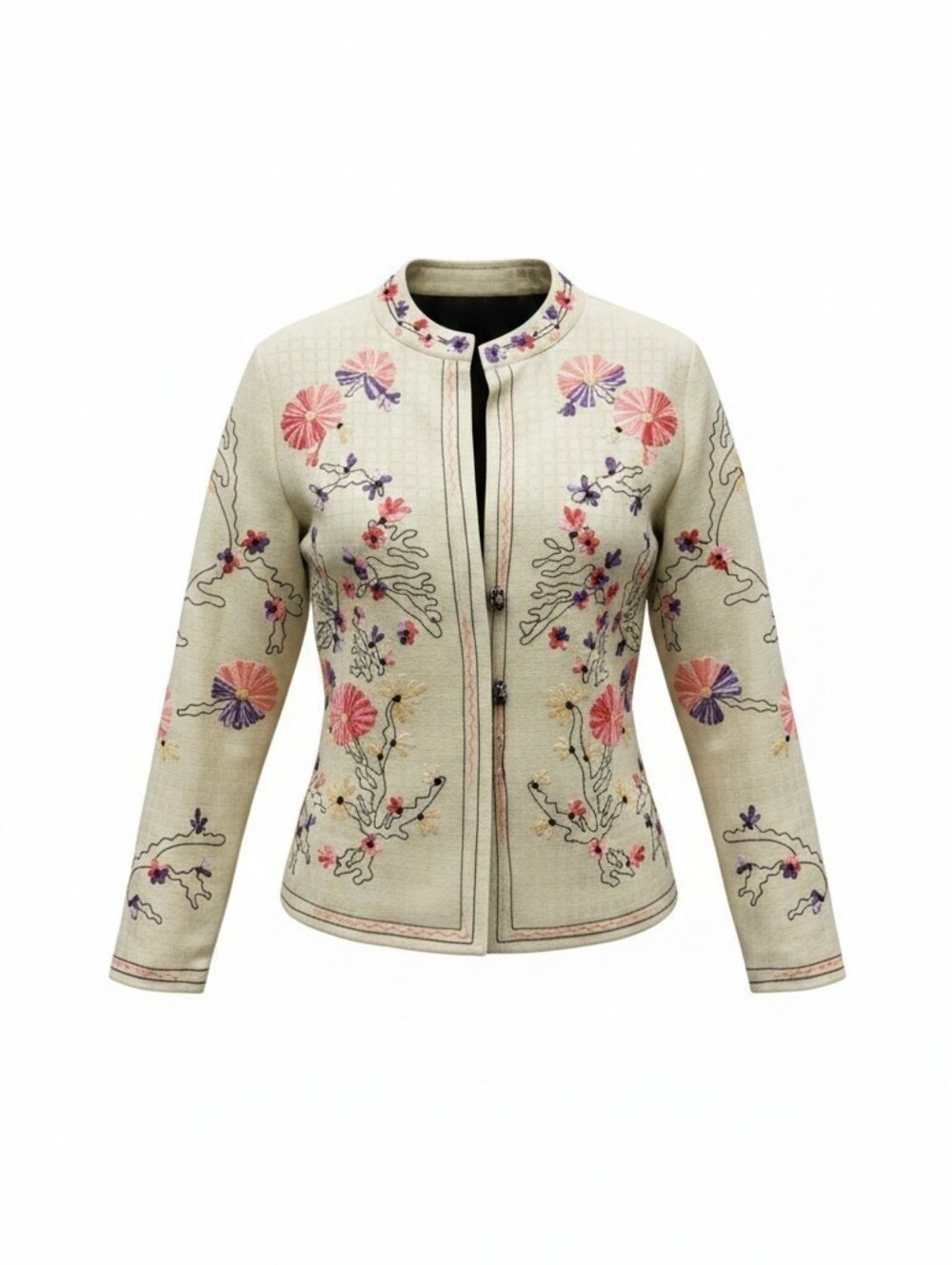 Embroidered Floral Light Green Cream Jacket - Women's Lightweight Coat